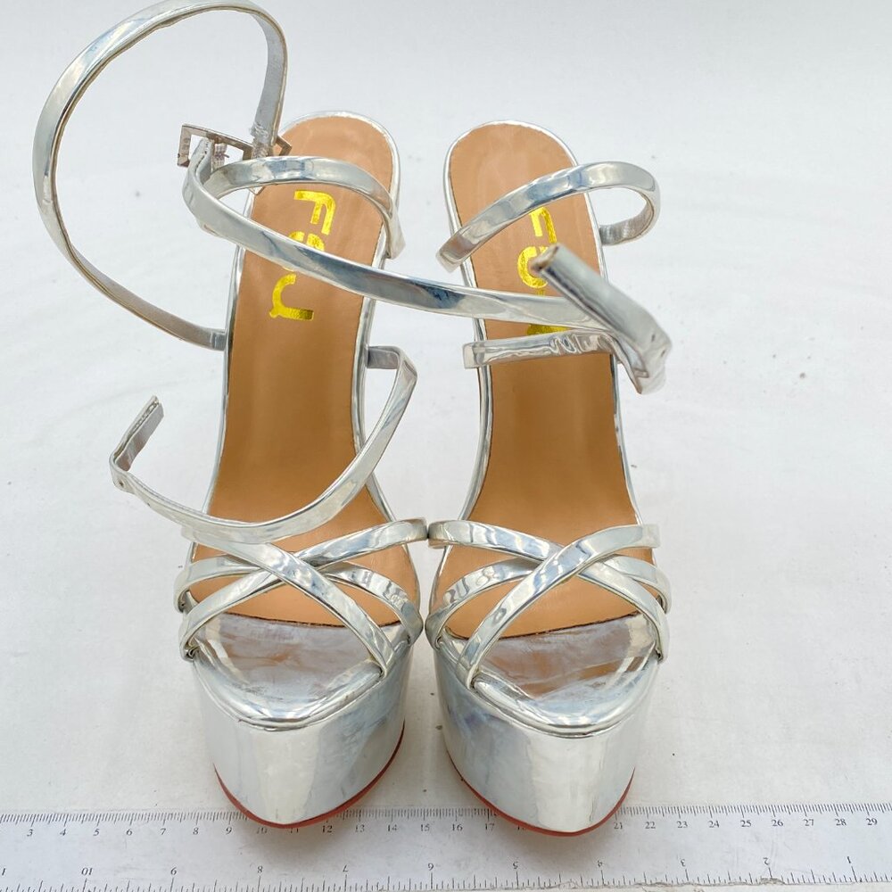 FSJ Sliver Sexy Strappy Open Toe Platform Ankle Strap High Metallic Heel Sandals - Picture 3 of 8